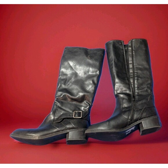 Womens sz 8.5 black knee high boc boots leather upper with  Zipper & buckle US - Picture 1 of 10